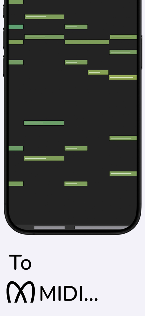 A smartphone displaying a piano roll interface representing transcribed audio as MIDI notes
