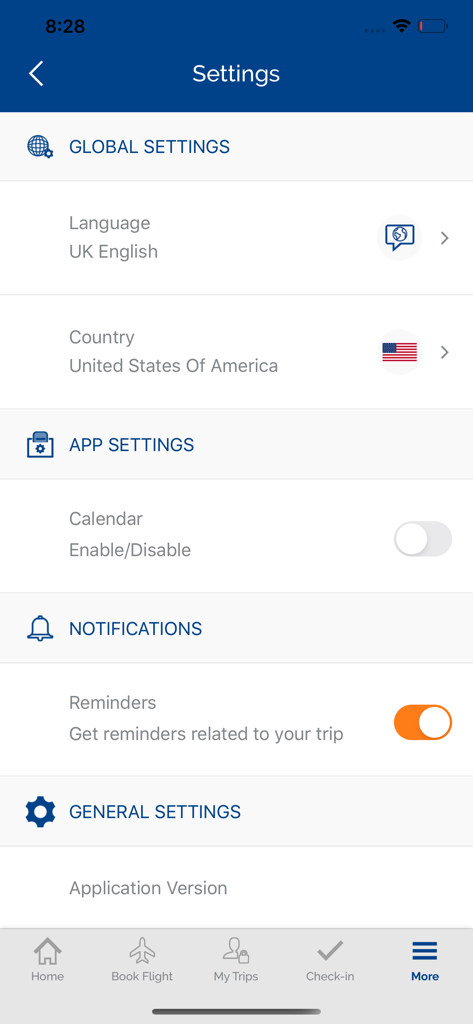Smartwings - Smartwings mobile app settings menu showing language and notification preferences