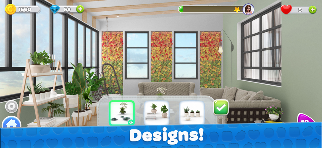 My House - Home Design Games - Jogabilidade de design de interiores mostrando opções de decoração de casa para um solário com plantas.