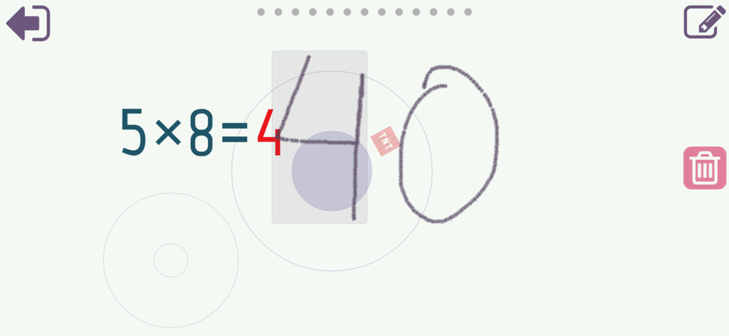 Times Tables 10x10 - Child handwriting the answer 40 to the multiplication problem 5 times 8 on a tablet screen