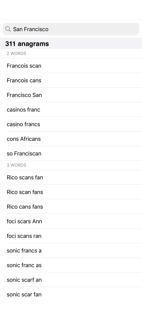 AG Anagram app interface showing a list of anagram results for the search term San Francisco.