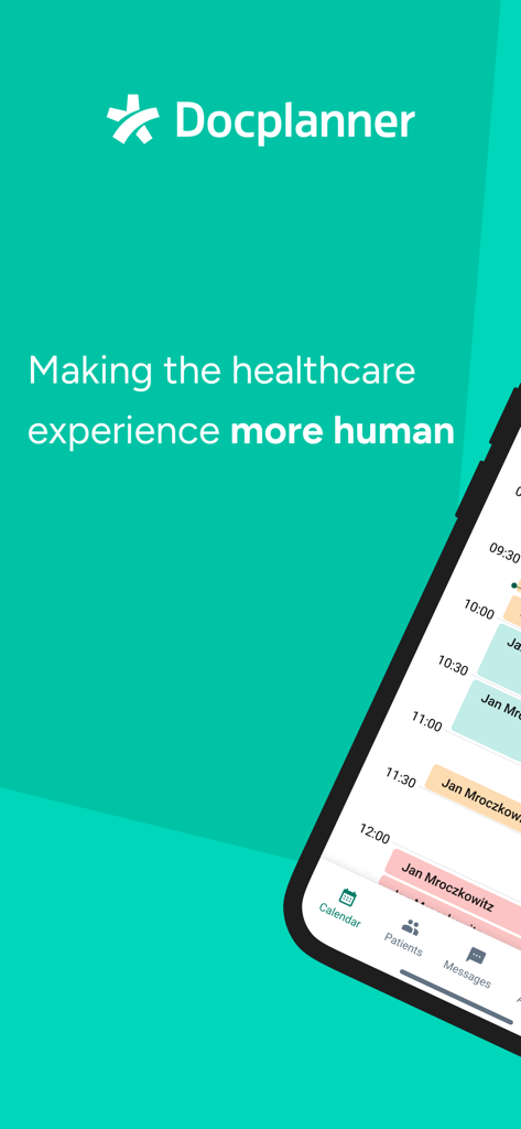 Docplanner App-Oberfläche für Spezialisten mit dem Slogan, der das Gesundheitserlebnis menschlicher macht, und einer Ansicht des medizinischen Kalenders
