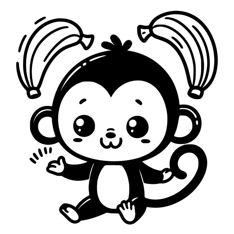 a cute black and white monkey juggling banana, a simple drawing for coloring book