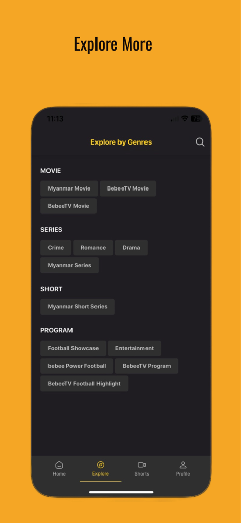 Bebee TV app explore screen showing movie series and football categories