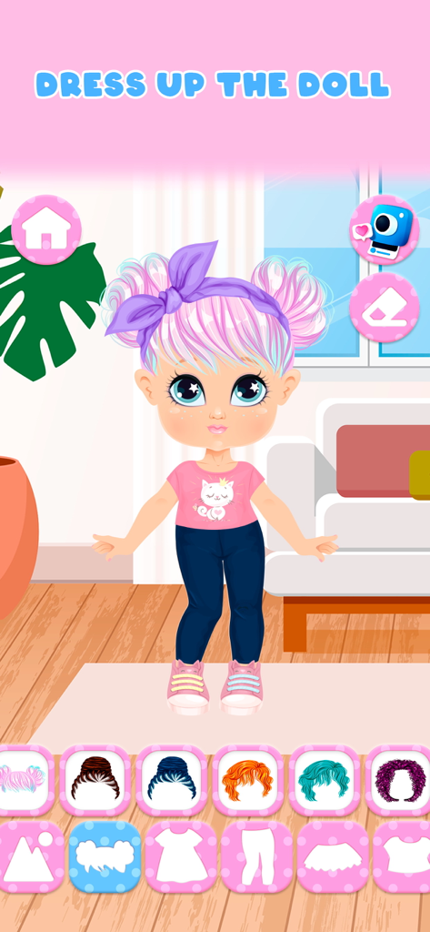 Cute baby doll with pink hair in a dress up game interface with hairstyle customization options