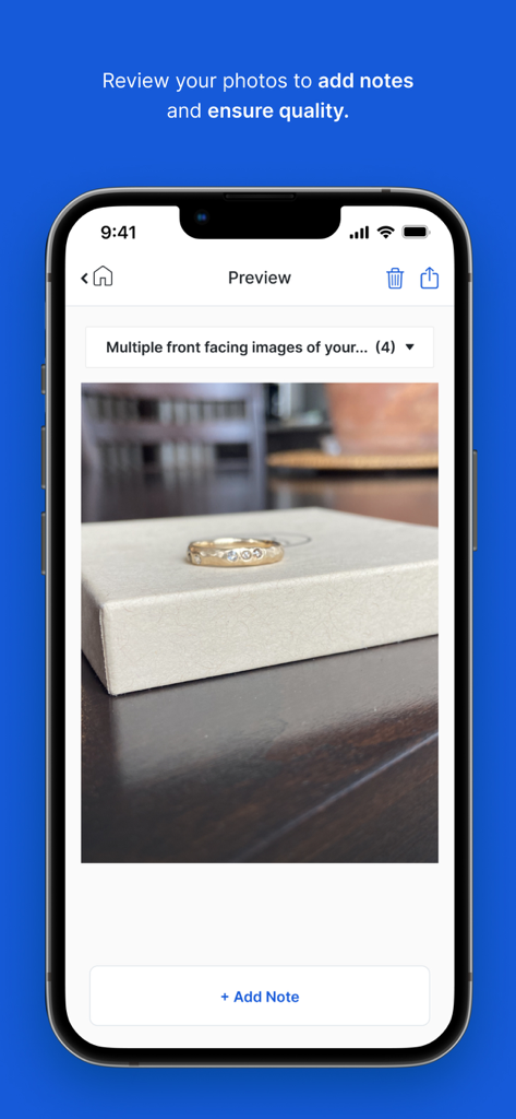 Truepic Vision app screen showing a jewelry photo preview and an add note button for insurance documentation