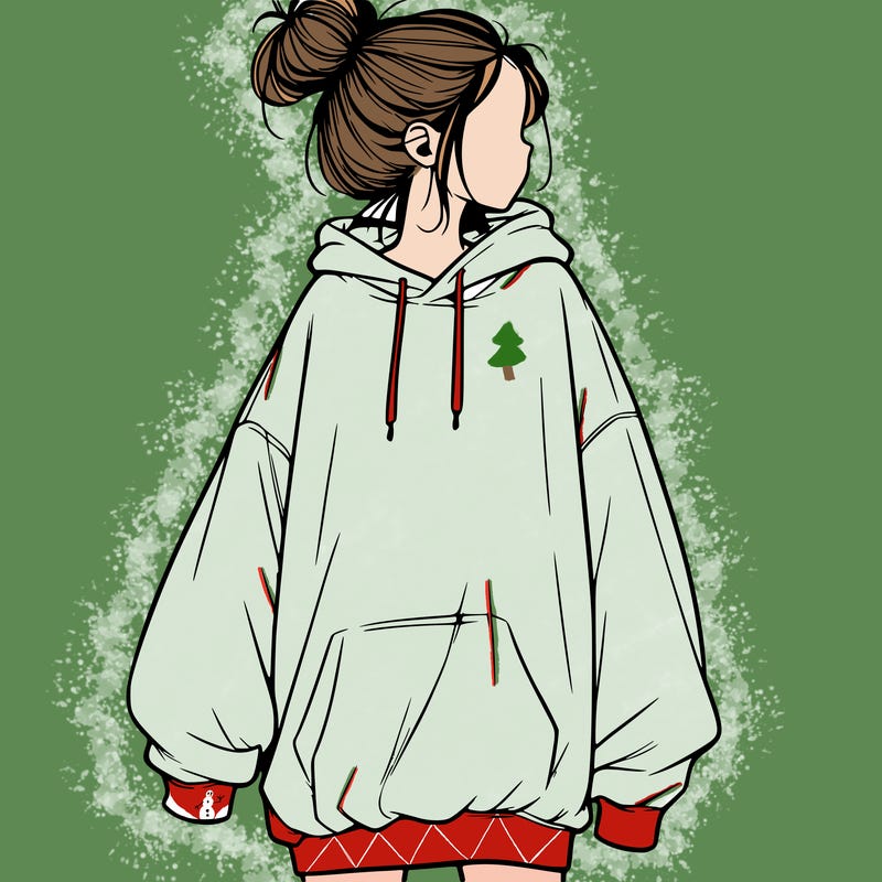 realistic girl with a oversized sweatshirt on and a bun