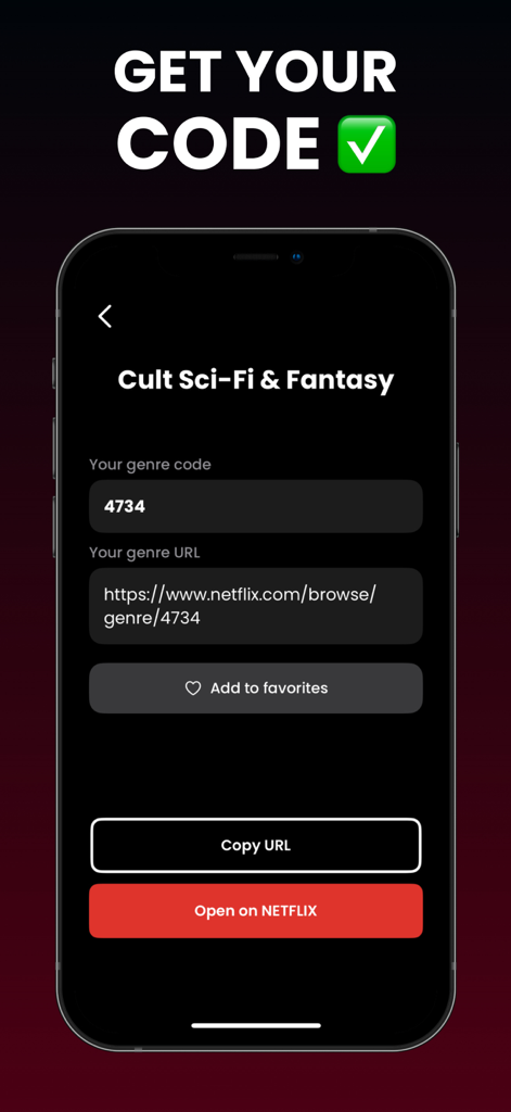 Mobile App-Oberfläche, die den geheimen Netflix-Code für Kult-Sci-Fi- und Fantasy-Filme anzeigt