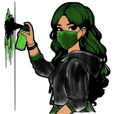 realistic girl with mask spray painting a wall