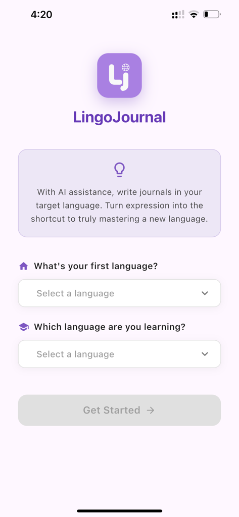 Lingo Journal - The onboarding screen of Lingo Journal app where users select their first language and the language they are learning.