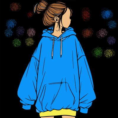realistic girl with a oversized sweatshirt on and a bun