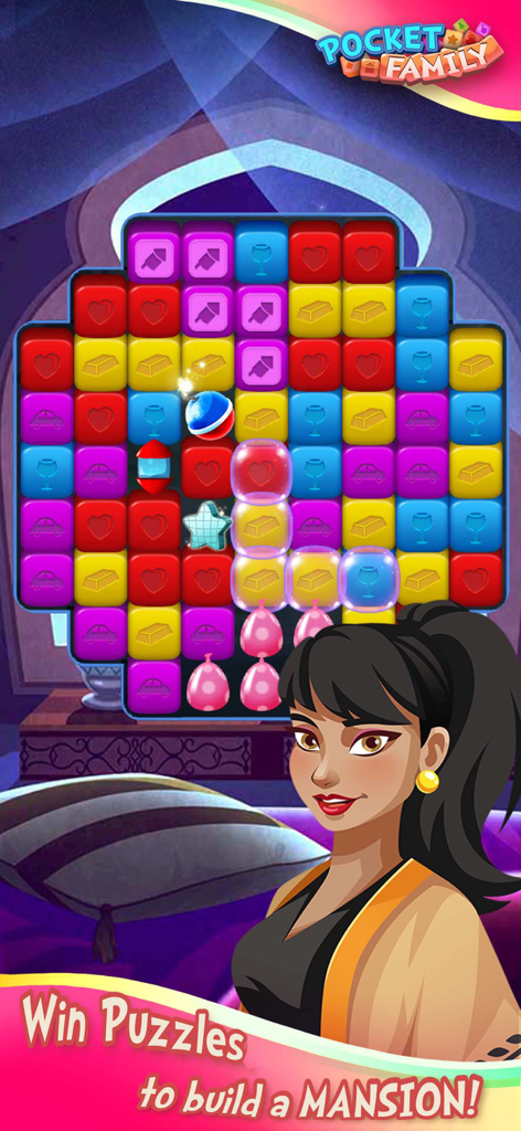 Una colorida cuadrícula de puzzle de Match-3 con un personaje femenino en primer plano del juego Pocket Family.
