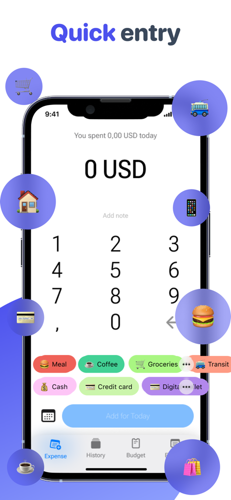 Expense Buddy Expense Manager - Quick entry screen of the Expense Buddy app featuring a large numeric keypad and categorized spending buttons like meals and coffee
