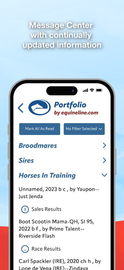 Equineline Portfolio app message center displaying real-time horse race and sales updates.