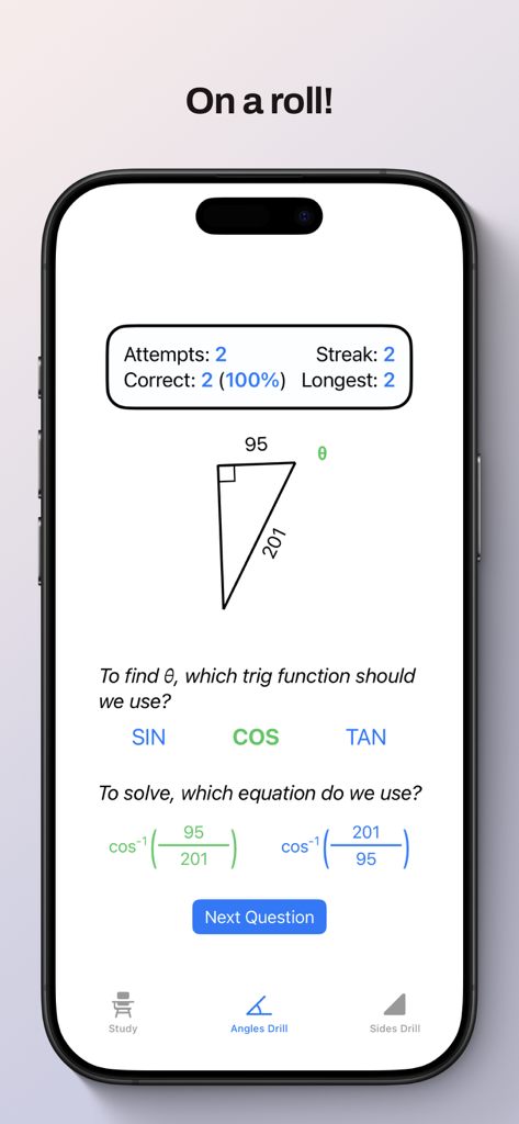 SOH CAH TOA - Interface of the SOH CAH TOA app showing a trigonometry drill for finding a triangle angle.