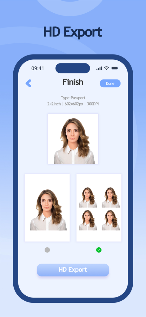 Schermata di esportazione HD per una foto per passaporto di 2x2 pollici nell'app Mei ID Photo