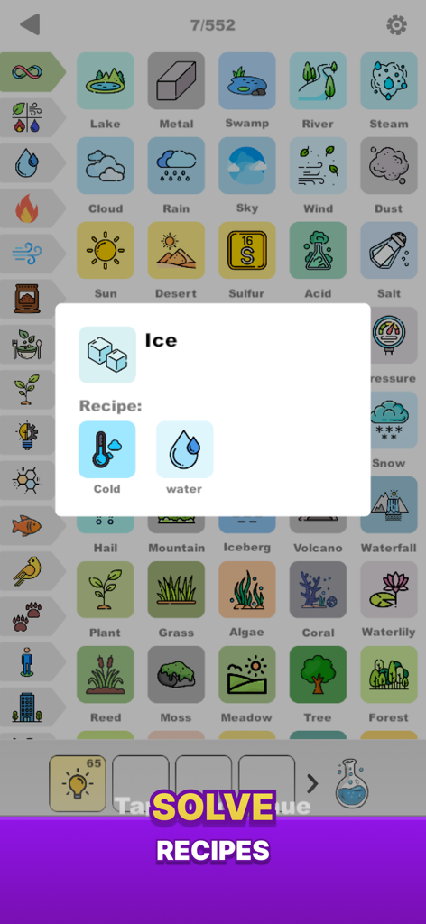 Alchemy - Merge Puzzle Game - A screenshot of the Alchemy Merge Puzzle Game interface showing a grid of elements and a recipe for Ice made from Cold and water.