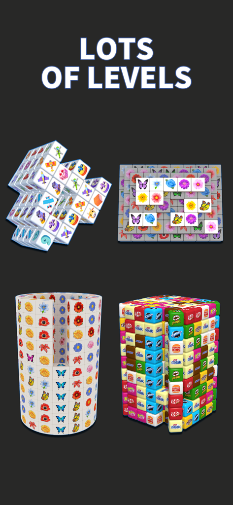 A showcase of multiple 3D puzzle levels featuring different shapes and colorful tile designs in Cube Master 3D