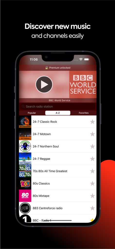 BritRadio app interface showing a list of UK radio stations including BBC World Service and various music genres