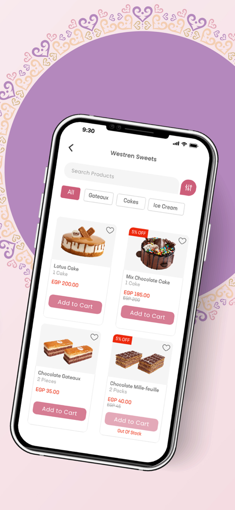 Schermata dell'app mobile di El Abd Pasticceria che mostra una selezione di torte e pasticcini con prezzi