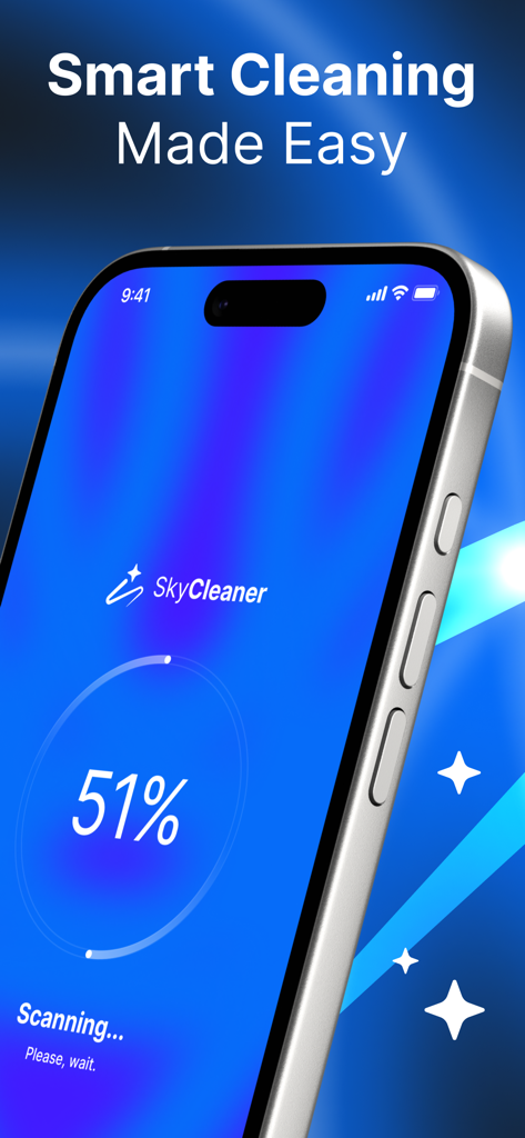 SkyCleaner: Safe & Clean - SkyCleaner app interface showing smart photo scanning and storage cleaning progress on an iPhone