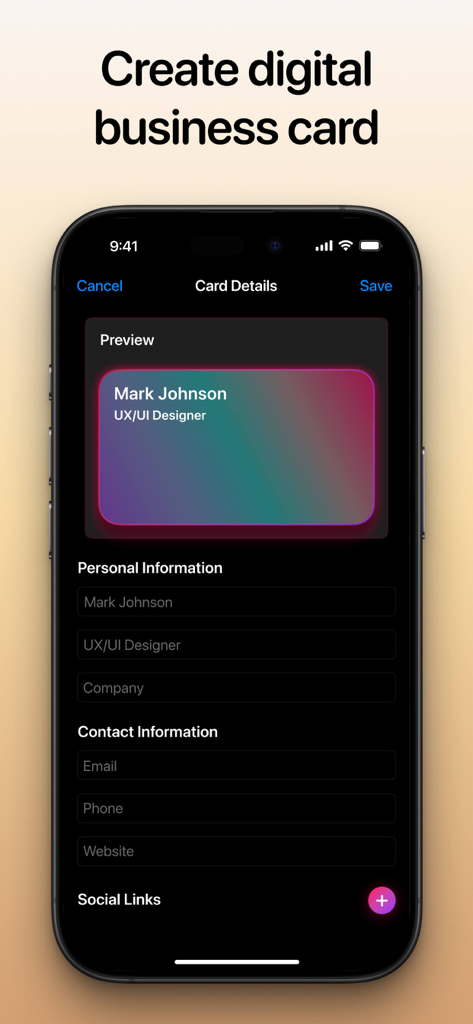 Digital Business Card Makerㅤㅤ - Interface de um aplicativo móvel mostrando campos para criar e personalizar um cartão de visita digital