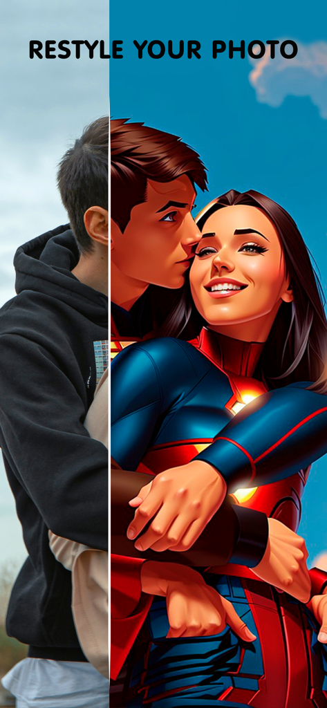 Una pantalla dividida que muestra una foto real de una pareja junto a su versión de dibujos animados de superhéroes generada por IA.