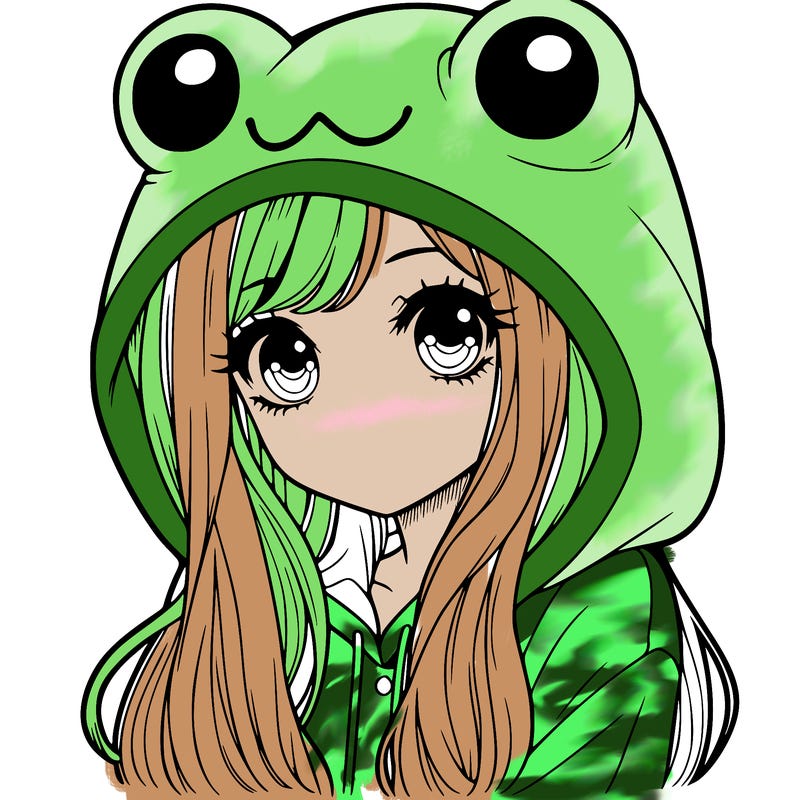 a pretty girl wearing a frog hoodie portrait with long hair
