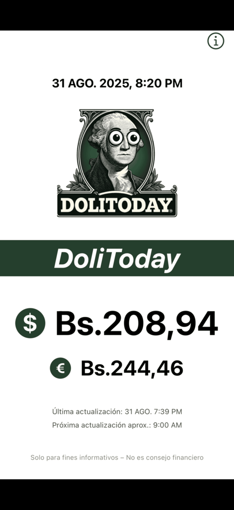 App mobile DoliToday che mostra il tasso di cambio parallelo corrente di dollari USA ed Euro in Bolivar Venezuelani