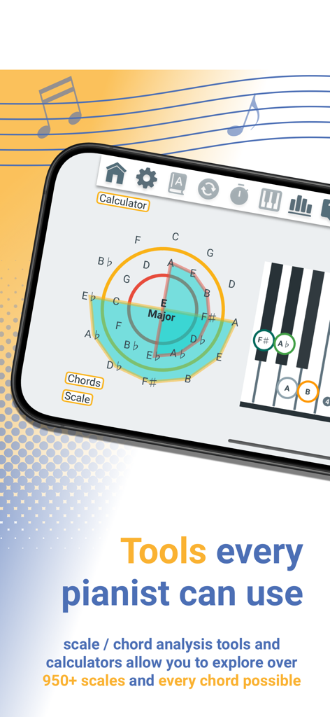 Aplicativo Pianolytics exibindo uma ferramenta de calculadora de análise de escala e acordes.