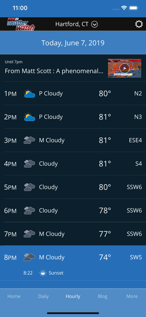 Fox61 Weather Watch app showing hourly weather forecast for Hartford Connecticut