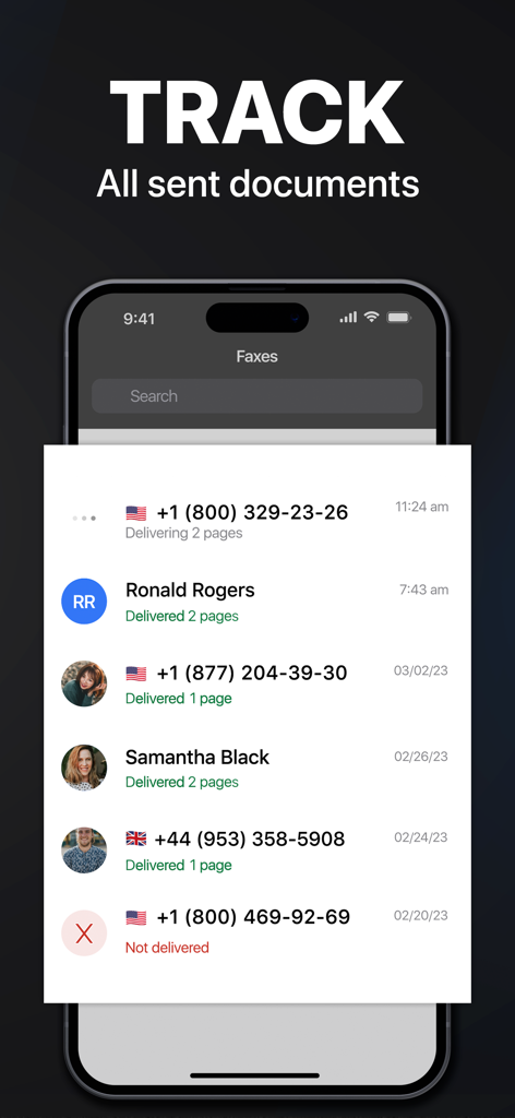 Smartphone screen showing the tracking status and delivery history of sent fax documents