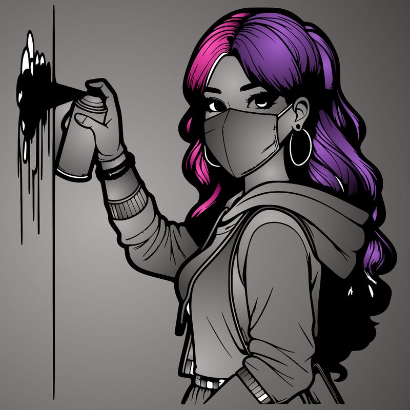 realistic girl with mask spray painting a wall