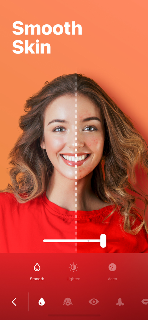 Facey: Face Editor &Makeup Cam - A before and after comparison of a woman's face showing skin smoothing and blemish removal using the Facey app