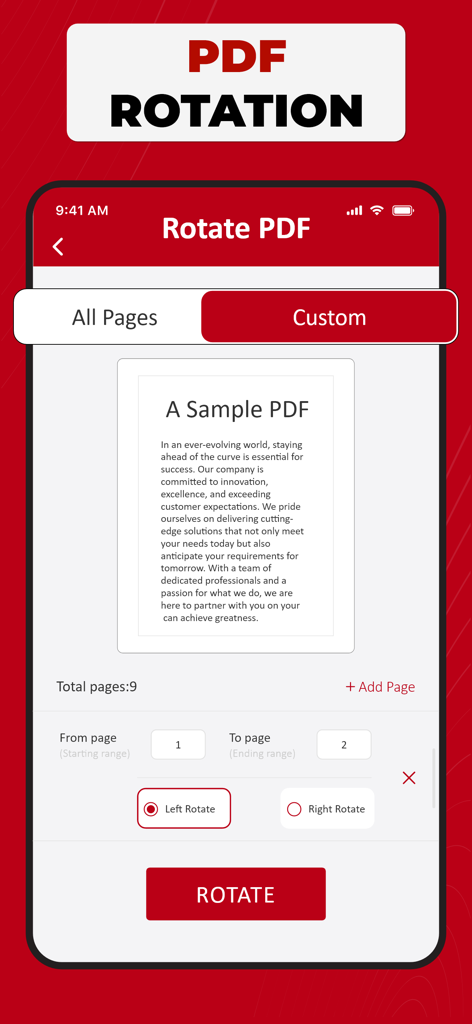 PDF Converter: Photo to PDF ! - Interface of the PDF Converter app showing the PDF rotation tool with options for custom page ranges and left or right rotation