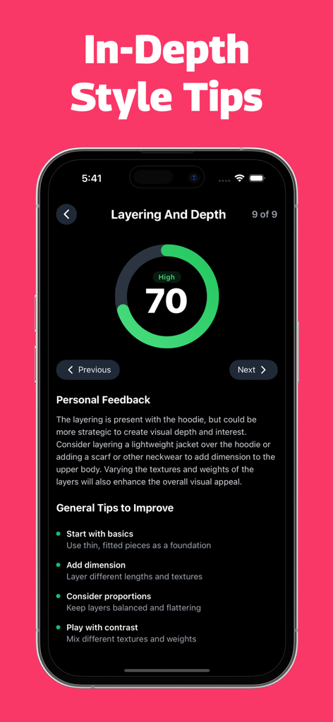 Outfit Planner: AI Outfit - KI Outfit Planner Bildschirm mit Stil-Score und Feedback-Tipps zur Schichtung