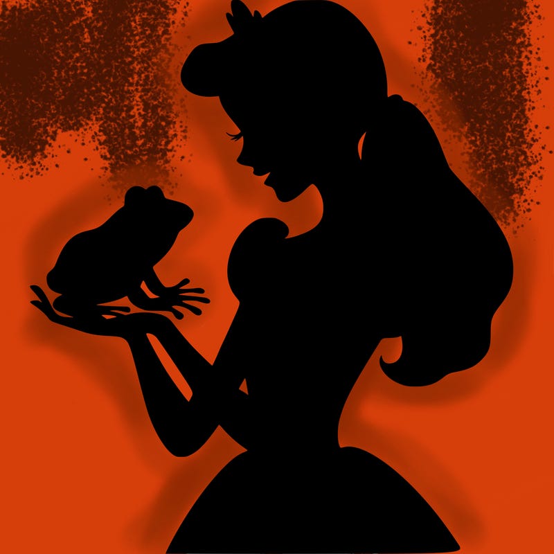 a shadow of a princess holding a frog realistic