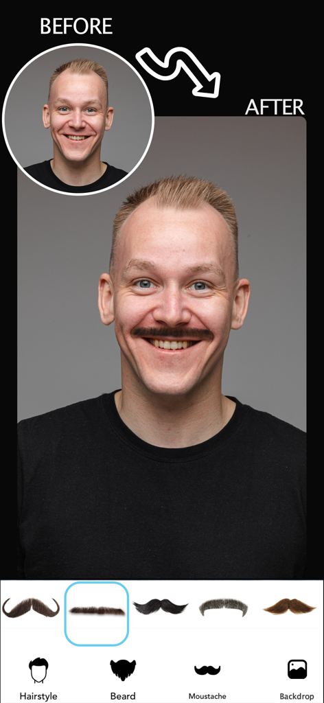 HairStyle Makeover Changer App - Comparación de antes y después de un hombre usando una herramienta virtual de prueba de bigote.