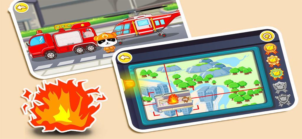 Little Panda Fireman - Gameplay che mostra un camion dei pompieri, un elicottero di salvataggio e una mappa della missione nell'app Little Panda Firefighter.