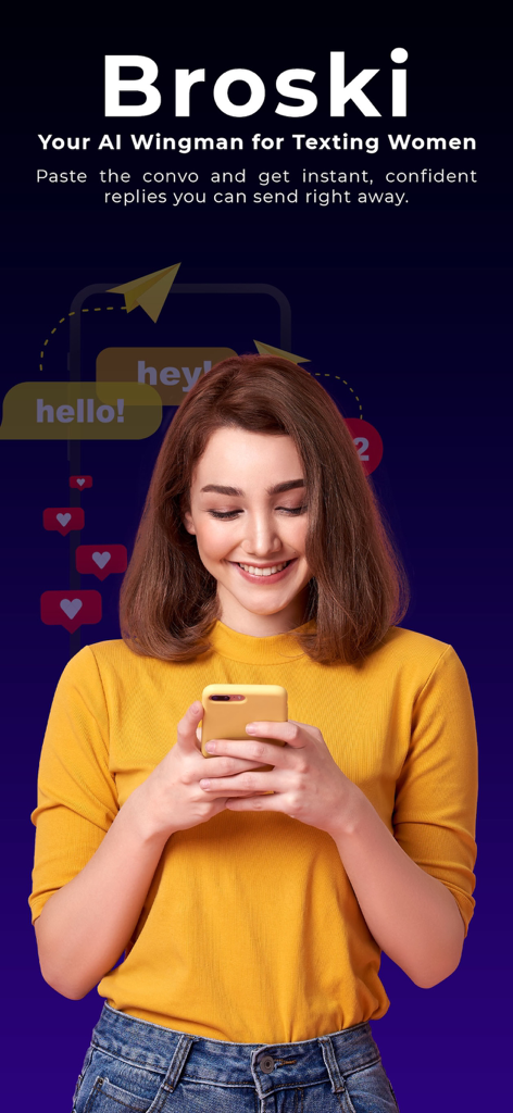 Broski: AI Wingman - A woman smiling at her phone with chat bubble graphics representing an AI texting assistant