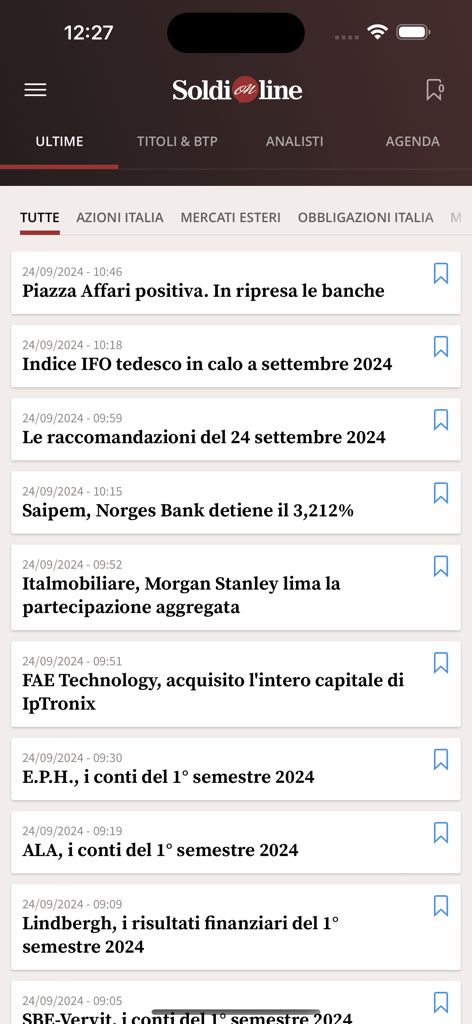 SoldiOnline - Interfaccia dell'app SoldiOnline che mostra un feed delle ultime notizie finanziarie e dei titoli del mercato italiano.