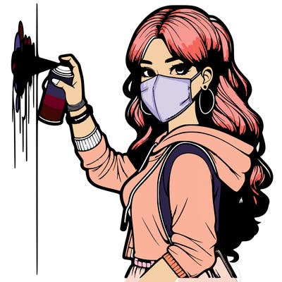 realistic girl with mask spray painting a wall