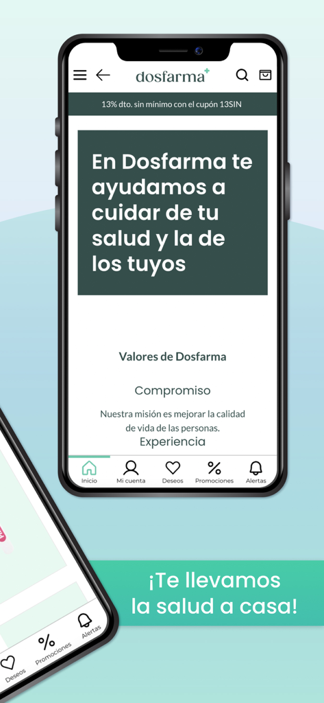 Pantalla de inicio de la app móvil de farmacia online DosFarma mostrando servicios de atención médica en español