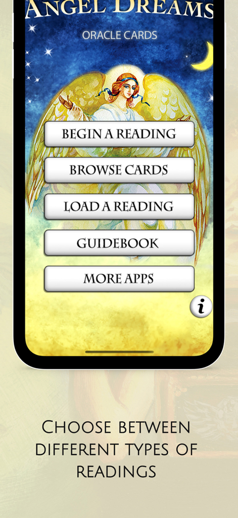 Angel Dreams Oracle Cards - Hauptmenü der Angel Dreams Oracle Cards App mit einer Engelsillustration und Lesoptionen