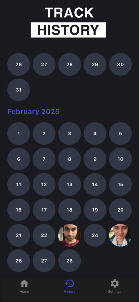 Skin Care Scanner : Ai Routine - Calendar view of the app showing daily skin scan history and progress photos for February 2025.