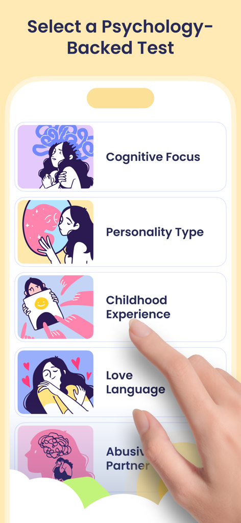 A menu of psychology-backed tests in the Breeze app including personality type and cognitive focus.