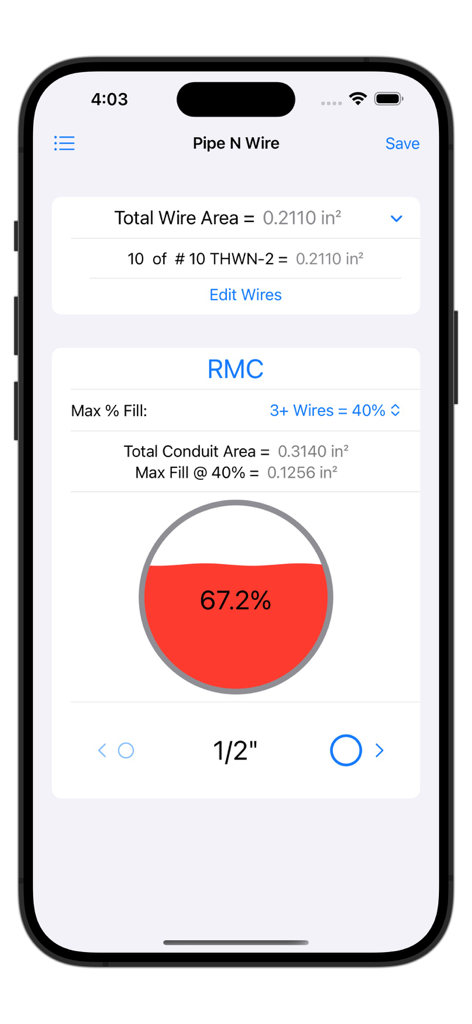 Pipe N Wire mobile app interface showing a conduit fill calculation for electrical wires and RMC pipe