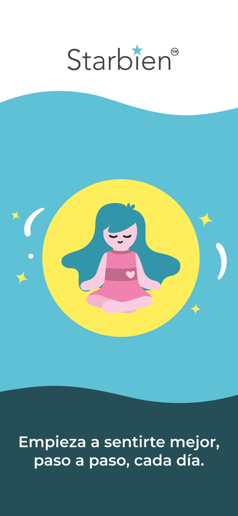 Starbien App - Tela de boas-vindas do aplicativo Starbien com uma ilustração de uma garota meditando e texto em espanhol