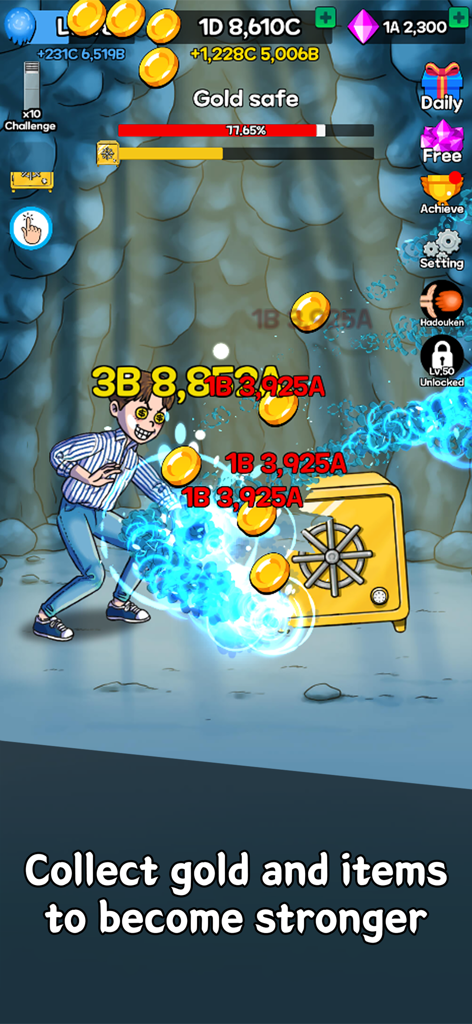 A character using fireball skills to destroy a gold safe in The Legend of Fireball