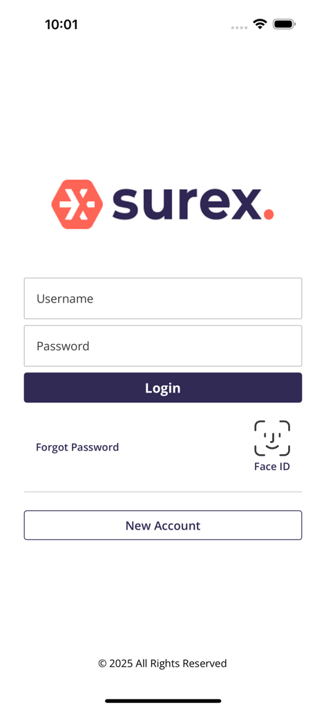 MySurex - Tela de login do aplicativo MySurex apresentando campos de nome de usuário e senha com opção de reconhecimento facial